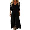 Generico Vestito Lungo Donna Boho Chic Abito Maxi Elegante in Lino e Cotone Scollo a V Manica 3/4 Vintage Etnico con Tasche per Mare Spiaggia Vacanza Taglie Forti Comodo Moda 2026