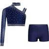 Zaldita Tuta da Ginnastica Artistica Bambina Strass Top Monospalla e Pantaloncini Completo Sportivo Fitness Yoga Allenamento Costume da Danza Classica A Blu scuro 11-12 anni
