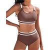 Yuson Girl Costume da Bagno Donna Due Pezzi Push Up Imbottito Reggiseno Bikini Mare Regolabile Costumi da Bagno Scollo a U Patchwork a Righe Bikini Vita Alta Bikini da Spiaggia(Marrone Chiaro, L)