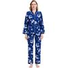 GLOBAL Pigiama da Donna Flanella di Cotone con Bottoni Frontali, Pantaloni con Coulisse Blu XL