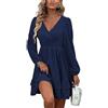 Vangreynve MAFA Vestiti Casual da Donna Estivi Autunno Elegante a Pois Abito a Maniche Lunghe Vestito Scollo V Abiti Corto con Volant e Vita Alta Blu M