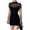 EMOTTOS Mini Abito Sexy a Rete, Morbido Abito da Donna in Pizzo Patchwork Club Bodycon, Mezzo Collo Alto Pullover Abiti da Festa increspati