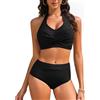 Nadeer Costumi da Bagno Donna Due Pezzi Vita Alta Bikini Mare Halter Costume Mare Sexy Scollo a V Push Up Controllo della Pancia Beachwear Swimwear(Nero,S)