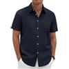Xnova Camicia Uomo in Cotone e Lino Camicia Uomo Maniche Corte Estiva Regular Fit con Taschino la Spiaggia Camicie con Collo Button-Down Le Vacanze e Il Lavoro, Blu Navy, M