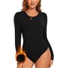 WOWENY Body termico da donna, maniche a 3/4, elegante, in micropile, caldo, girocollo, da donna, a maniche lunghe