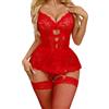 Aranmei Body Babydoll - Set di lingerie da donna, con spalline regolabili e reggicalze in pizzo, in maglia, trasparente, regalo di San Valentino sexy, rosso, M
