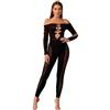 Walang Donna Sexy Glitter Rave Outfits rete da pesca a maniche lunghe stretto pezzo intero con perle artificiali luminose, taglia unica, Nero , XS-XXL