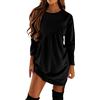 QWUVEDS Abito nero da donna a maniche lunghe, mini tunica da donna, casual, girocollo, largo, arricciato, abito nero