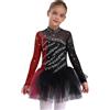 HULIJA Bambina Pattinaggio Artistico Vestito Strass Glitter Pattini A Rotelle Abito Maniche Lunghe Colletto Alto Body Volant Tulle Tutu Gonna Competizione Costume da Danza Borgogna Nero 5-6 Anni