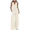 Generic Blazer da donna 2 pezzi abiti formali in cotone lino slim fit senza maniche con bottoni gilet a gamba larga set blazer, gilet e pantaloni, completo da lavoro estivo in cotone e lino set coordinato