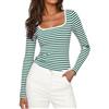 Aottori Maglietta Donna a Righe Scollo Quadrato Costine Basic Maglia Manica Lunga Tops Leggero Slim Fit Aderente Sottogiacca Intimo Elasticizzato Verde Bianco XL