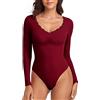 WOWENY Body da Donna Elegante in Pizzo Manica Lunga con Scollo a V Corpo Body Sexy Top Maniche Lunghe Camicia a Maniche Lunghe per Donna (Vino Rosso, S)