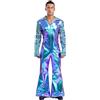 FEESHOW Uomo Abito Hippie Disco Anni 70 80 Glitter Metallico Tuta Con Gamba Svasata Party Festival Carnevale Costume Clubwear Blu XL