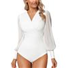 Litherday Body Donna Elegante con Scollo a V e Maniche Lunghe Sbuffo in Tulle - Body Sexy Elasticizzato Aderente per Festa Cerimonia Moda, Bianco, XL