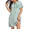 Lovasy Camicia da Notte Cotone Donna Estiva a Maniche Corte Vestito Pigiama Leggero con Bottoni a Righe Scollo a V Sexy Sottoveste Curvy Abito da Notte con Tasche D-Verde Chiaro L