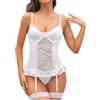 Aranmei Set di lingerie da donna, body sexy in pizzo floreale con reggicalze intimo Babydoll con scollo a V con calze, bianco, L