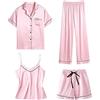 Generic Pigiama da Donna, 4 Pezzi, in Raso, Sexy, per la casa, Estivo, per Ragazze, in Seta, a Maniche Corte, da Notte, con Bottoni, Maglietta + Top + Pantaloni Baggy + Pantaloncini Corti
