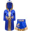 HULIJA Costume da Pugile Bambini Ragazzi Ragazze Kickboxer Vestaglia con Cappuccio in Raso con Pantaloncini da Boxe Arti Marziali Formazione Abbigliamento Blu Reale e Oro C 15-16 Anni