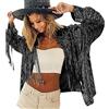 Generic Giacca da donna con paillettes e frange, tema discoteca, stile country, Dolly, discoteca, alla moda e carina, giacca con paillettes, giacche da sposa, Nero , Taglia unica