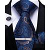 DiBanGu Cravatta da uomo Paisley formale in seta e fazzoletto da taschino gemelli fermacravatta per festa di nozze ballo di fine anno, Blu mare, Taglia unica