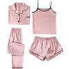 IQYU Pigiama da donna 4 pezzi tuta da casa set pigiama in raso sexy canottiera top a maniche lunghe pantaloni larghi shorts larghi camicia da notte di seta elegante biancheria da notte leggera accappatoio