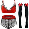 Happy Cherry Bikini Crossdressing Lingerie Set per Uomini Reggiseno Biancheria Intima Calze Set 3 Pezzi, Nero e rosso., 3XL
