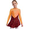 Linjinx Vestito da Pattinaggio Artistico per Bambina Body Ballet Manica Lunga Dettagli con Pietre Scintillanti Costume Gara Pattinaggio per Esibizioni Anni Borgogna Arancione 9-10 Anni