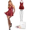 comeondear Completo Abito Sexy Donna Pelle PU Taglia Grande con Calze a Rete Senza Maniche Hot Lingerie da Donna Babydol Scollo V Mini Abiti Senza Schienale Intimo Clubwear 2-Rosso+Calze+Box 3XL