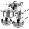 La Moustache - Set Pentole e Padelle 8 Pezzi in Acciaio Inox Senza Rivestimento, 3 Pentole con Coperchio in Vetro e 2 Padelle, per Induzione, Lavabile in Lavastoviglie, Ø16/20/24 cm (Titan Inox)
