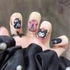 Xonojun 24 unghie finte per bambini con colla, design Kuromi con cuori e fiocco, stampa su chiodi, colore nero e rosa, facile da applicare, manicure francese festivo, regalo di bellezza per ragazze e