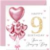 Stuff4 Biglietto di auguri per il 9° compleanno per ragazze, palloncini rosa glitterati, biglietto di auguri di buon compleanno per bambina, figlia, sorella, cugina, nipote, 145 mm