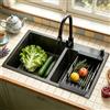 KOOGIMDDR Lavello da cucina a 2 vasche, 82 x 45 cm, nero, in acciaio inox 304 nano-rivestito, con cestello sgocciolatoio, sifone e altro, da incasso o da incasso