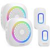TECKNET Campanello Senza Fili Impermeabile IP66(2xTrasmettitore e 2x Ricevitore), Portata 400M, 5 Livelli Volume 60 Melodie, Batteria Rimovibile RGB Campanello Wireless Esterno, Bianco