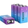 Pallus Batteria al litio ricaricabile 9V 4 pezzi batteria al litio 9V Block batteria 1300 cicli e 850mAh alta capacità per rilevatore di fumo, multimetro, chitarra e microfono