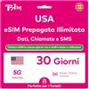 TSIM USA eSIM 30 giorni. Dati ad alta velocità illimitati, chiamate e SMS locali negli USA (Hawaii incluse). Ricevi l'eSIM via e-mail lo stesso giorno e attivala subito, senza attendere il pacco.