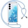 Vauki Cover per Samsung Galaxy S25 FE con Cordino, Trasparente Glitter Liquido Antiurto Brillantini Tracolla Custodia, Antiurto Antigraffio Silicone Bumper Laccio Protettivo Case, Azzurro/Blu