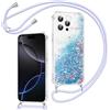 Xiltlly Cover per iPhone 16 Pro con Cordino, Trasparente Glitter Liquido Custodia con Collana Laccio Regolabile, Antiurto Antigraffio Silicone Brillantini Protettiva Case con Tracolla, Azzurro/Blu