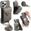 YDIJCYAN Cover per iPhone 15 Pro PU+morbida TPU Flip Wallet Custodia posteriore magnetica con porta carte di credito, cordino per collo di protezione,Grigio