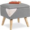 Relaxdays Sgabello con Contenitore, Rivestimento in Lino Sintetico, Gambe Legno, Coperchio, 40x40x40 cm, Grigio Chiaro