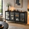 PREMTURE Vetrina in vetro nero, credenza con illuminazione a LED, vetrina con vetro temperato e telaio in metallo, credenza, armadio per soggiorno con ripiani, nero, 150 x 40 x 80 cm