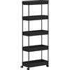 Klihome Carrello Portaoggetti con Ruote, Carrello da Cucina a 5 Ripiani, Mobile Portaoggetti Stretto, Carrello di Servizio Estraibile, Portaoggetti su Ruote con 7 Ganci, Carrello da Bagno, Nero