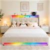 EBSFBD Struttura letto 140x200 cm con illuminazione LED, Lino, Beige | Mensola per testiera, letto imbottito, con 4 cassetti portaoggetti, doppie porte di ricarica, listelli in legno
