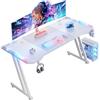 HLONONE 160 x 60 cm Scrivania Gaming con Luci LED, Tavolo Gaming Ergonomica, Postazione Gamer con Portabicchieri, Ganci per Cuffie, Tappetino per Mouse, Scrivania Computer per Giochi e Ufficio, Bianca