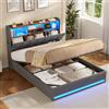 AOGLLATI Letto Contenitore Matrimoniale 140x190 con Sollevamento Idraulico | Struttura Letto Matrimoniale con Illuminazione a LED e Stazione di Ricarica, Letto Imbottito con Tasche Laterali Lino Grigio