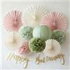 Easy Joy Decorazioni Compleanno Verde Salvia e Rosa Cipria: Kit Boho con Pom Pon di Carta, Lanterne, Ventagli Beige e Banner Happy Birthday Oro - Addobbi per Baby Shower, Matrimonio, Feste per Ragazze e Donne