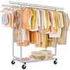 FAVOOSTY Stand Appendiabiti su ruote con doppia barra, Attaccapanni Estensibile per Carichi Pesanti, Portata Totale 280 kg - 52 x (106-176) x 170 cm, installazione rapida 3 minuto,Argento