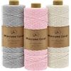 Gemtte Filato Macramè, 3PCS 2mm x 100 m, Filo Macramè Intrecciato per Decorazione da Parete, in Cotone Naturale, per fai da te, Decorazione Boho (Beige, Rosa, Grigio)