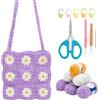 ORIGACH Kit fai da te Daisy Crochet Bag per principianti adulti, kit di borse quadrate all'uncinetto con tutorial video di istruzioni, kit per imparare a lavorare all'uncinetto per principianti, viola