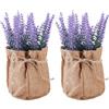 AHANDMAKER Confezione da 2 piccoli fiori di lavanda in vaso in iuta, pianta di lavanda artificiale, decorazione con vasi in sacchetti di iuta per casa, tavolino da caffè, libreria, scrivania da