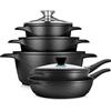 briebe Batteria da Cucina Induzione 10 Pezzi, set di 3 Pentole in Alluminio Fuso + 2 Padelle, Antiaderente ILAG GRANITEC senza PFOA, Coperchi in Vetro, Guanti in Silicone, Vetroceramica, Gas, Forno